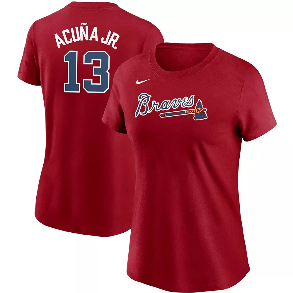 Women's Nike Ronald Acuna Jr. Red Atlanta Braves Name & Number T-Shirt 1 Women's Nike Ronald Acuna Jr. Red Atlanta Braves Name & Number T-Shirt