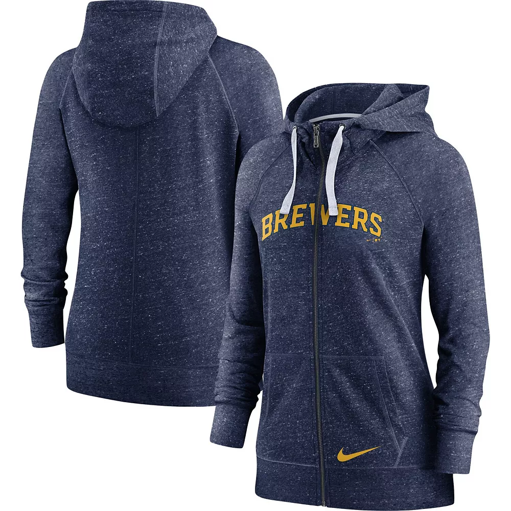 Women's Nike Heathered Navy Milwaukee Brewers Wordmark Gym Vintage Raglan Full-Zip Hoodie 2 Women's Nike Heathered Navy Milwaukee Brewers Wordmark Gym Vintage Raglan Full-Zip Hoodie - Image 2