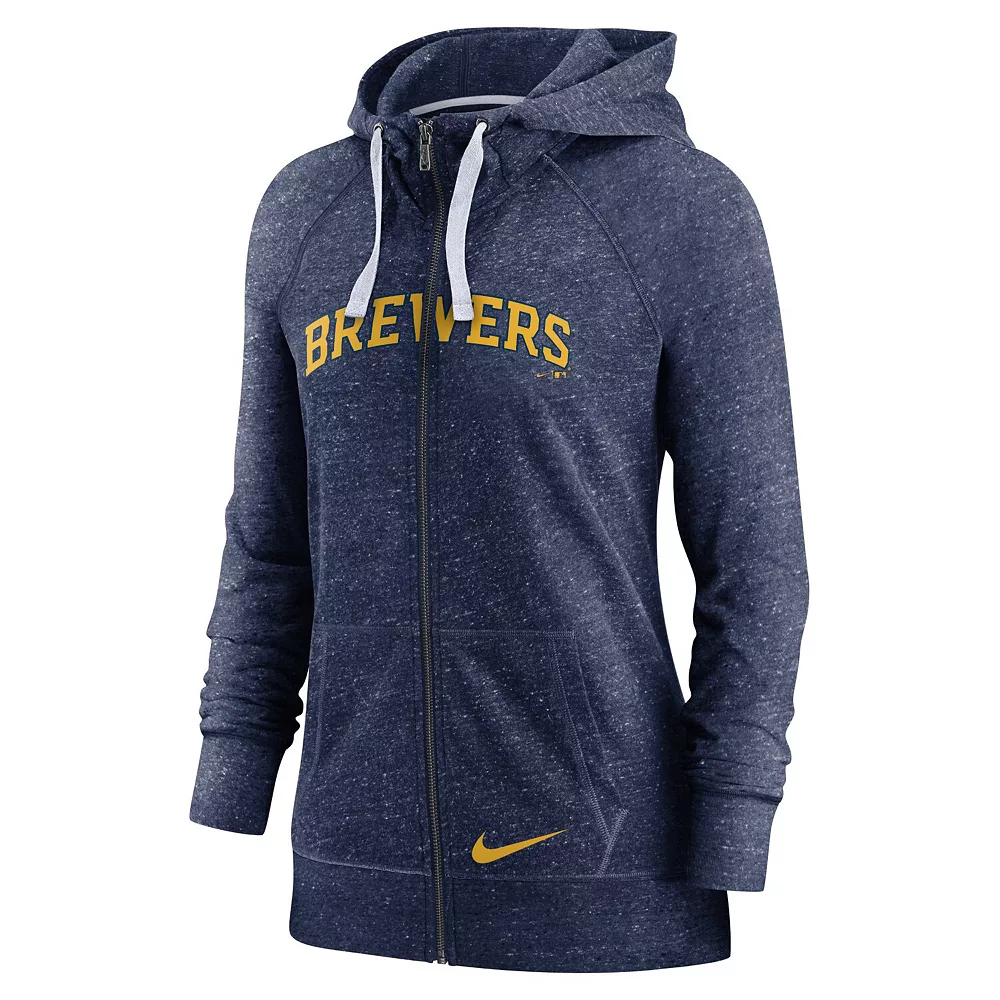 Women's Nike Heathered Navy Milwaukee Brewers Wordmark Gym Vintage Raglan Full-Zip Hoodie 3 Women's Nike Heathered Navy Milwaukee Brewers Wordmark Gym Vintage Raglan Full-Zip Hoodie - Image 3
