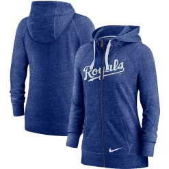 Women's Nike Heathered Royal Kansas City Royals Wordmark Gym Vintage Raglan Full-Zip Hoodie