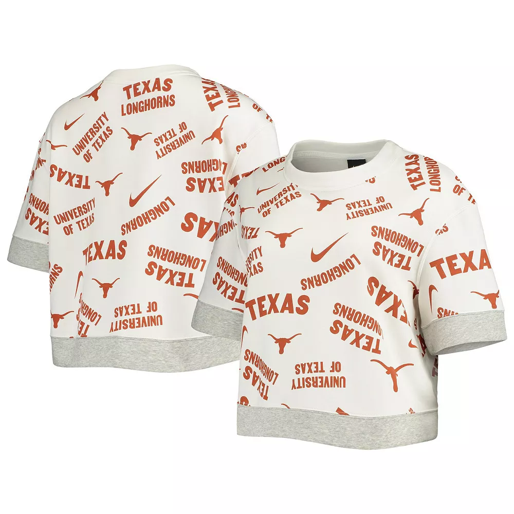 Women's Nike White/Heathered Gray Texas Longhorns Allover Print Trend Cropped Tri-Blend T-Shirt 1 Women's Nike White/Heathered Gray Texas Longhorns Allover Print Trend Cropped Tri-Blend T-Shirt
