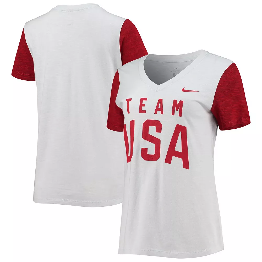 Women's Nike White/Red Team USA Performance Cotton Slub Colorblock V-Neck T-Shirt 1 Women's Nike White/Red Team USA Performance Cotton Slub Colorblock V-Neck T-Shirt