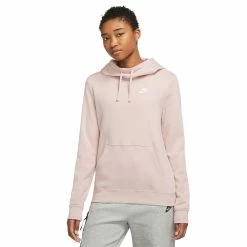 Women's Nike Sportswear Club Fleece Funnel-Neck Hoodie -Nike Clothing store 5583212 Pink Oxford