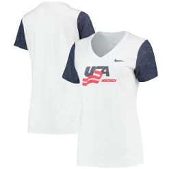 Women's Nike White USA Hockey Color Block Slub Performance V-Neck T-Shirt