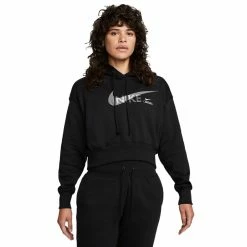 Women's Nike Sportswear Swoosh Fleece Crop Hoodie -Nike Clothing store 5675783 Black White