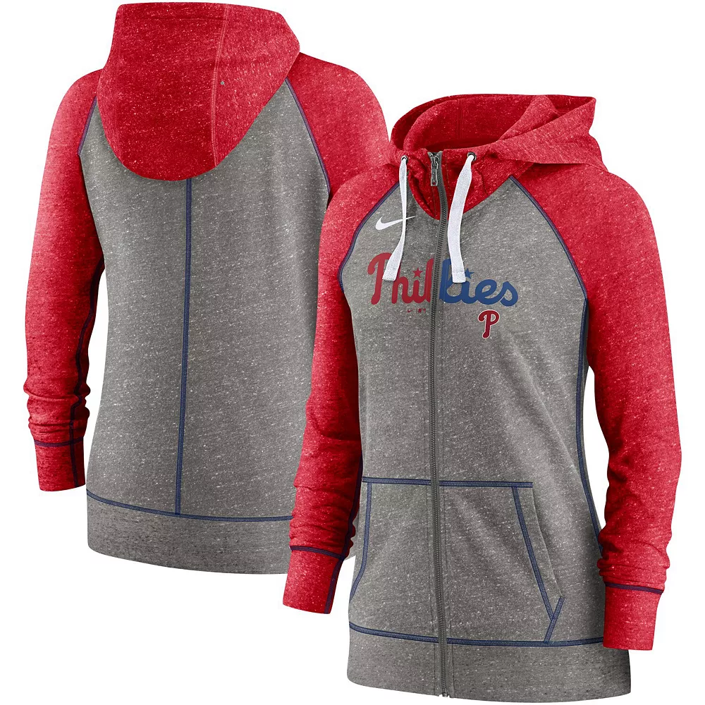 Women's Nike Heathered Charcoal/Red Philadelphia Phillies Split Wordmark Gym Vintage Raglan Full-Zip Hoodie 1 Women's Nike Heathered Charcoal/Red Philadelphia Phillies Split Wordmark Gym Vintage Raglan Full-Zip Hoodie