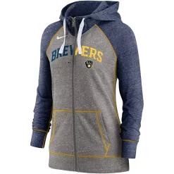 Women's Nike Heathered Charcoal/Navy Milwaukee Brewers Split Wordmark Gym Vintage Raglan Full-Zip Hoodie -Nike Clothing store 5694479 ALT2