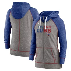 Women's Nike Heathered Charcoal/Royal Chicago Cubs Split Wordmark Gym Vintage Raglan Full-Zip Hoodie