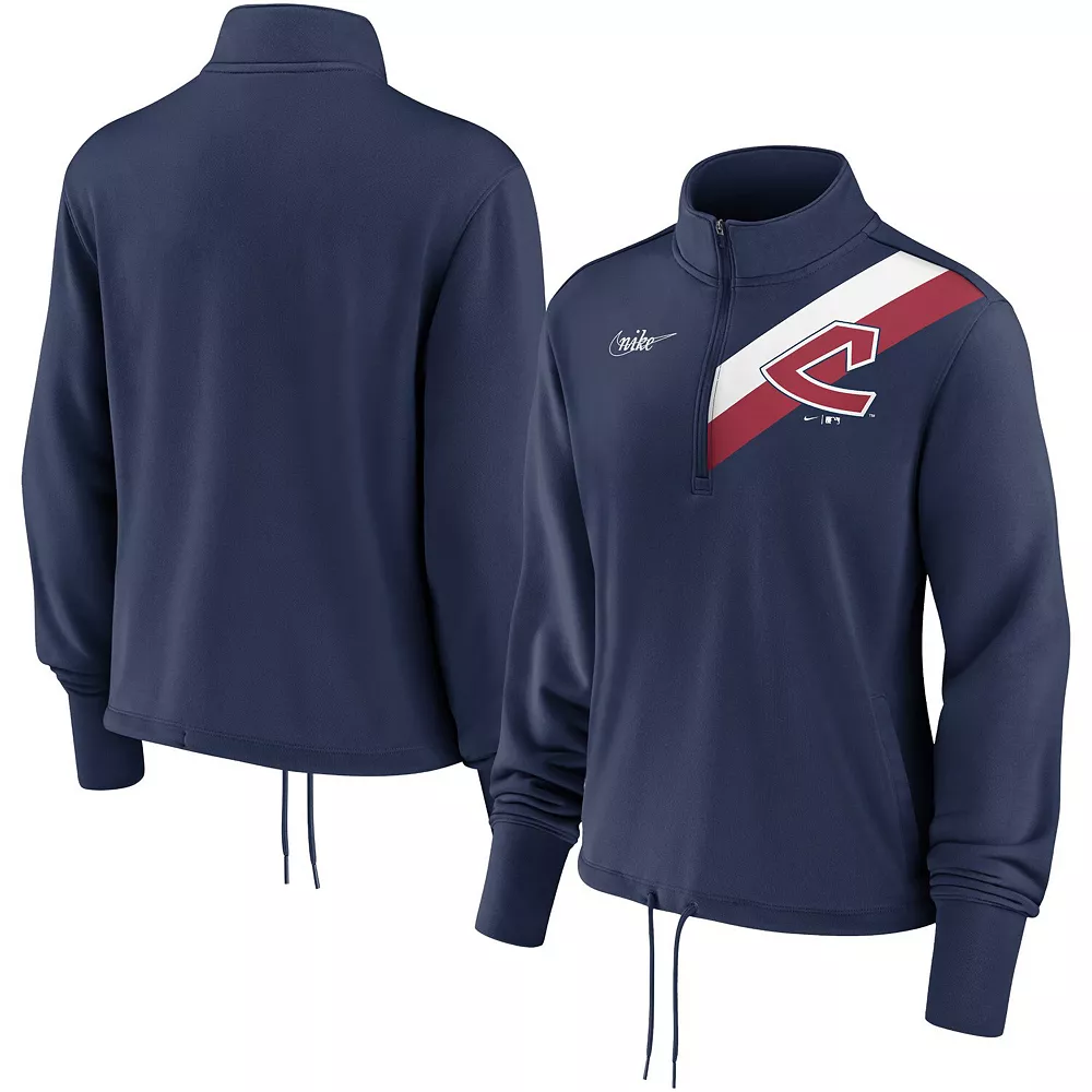 Women's Nike Navy Cleveland Indians 1973-77 Cooperstown Collection Rewind Stripe Performance Half-Zip Pullover 1 Women's Nike Navy Cleveland Indians 1973-77 Cooperstown Collection Rewind Stripe Performance Half-Zip Pullover