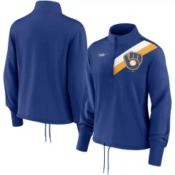 Women's Nike Royal Milwaukee Brewers 1982 Cooperstown Collection Rewind Stripe Performance Half-Zip Pullover