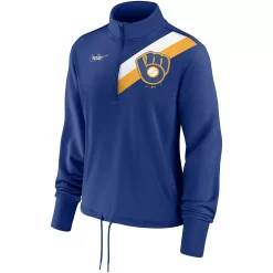 Women's Nike Royal Milwaukee Brewers 1982 Cooperstown Collection Rewind Stripe Performance Half-Zip Pullover -Nike Clothing store 5704293 ALT2