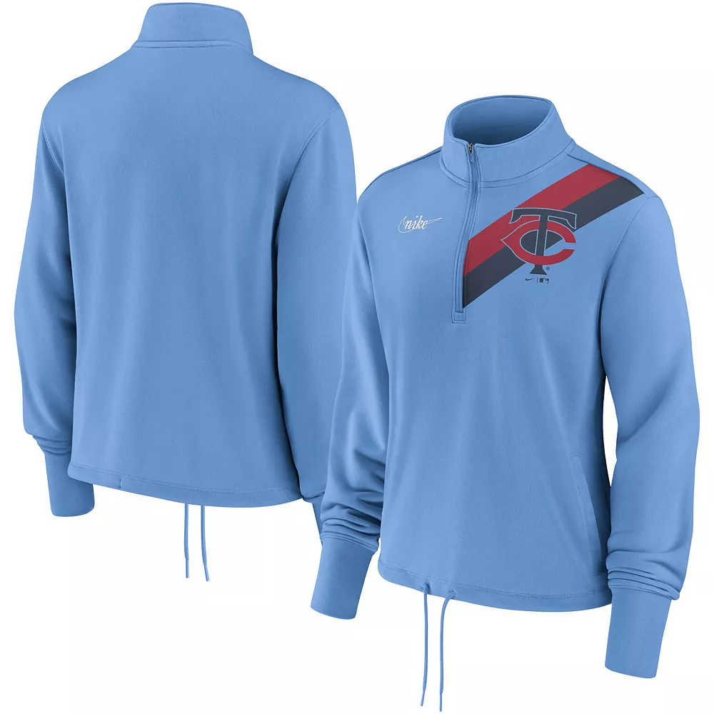 Women's Nike Light Blue Minnesota Twins 1965 Cooperstown Collection Rewind Stripe Performance Half-Zip Pullover 1 Women's Nike Light Blue Minnesota Twins 1965 Cooperstown Collection Rewind Stripe Performance Half-Zip Pullover