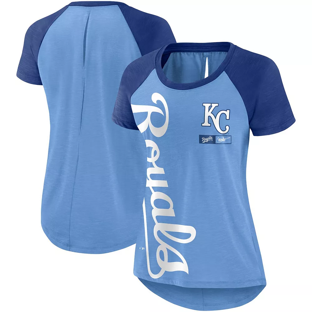 Women's Nike Light Blue/Heathered Royal Kansas City Royals Cooperstown Collection Rewind Raglan T-Shirt 1 Women's Nike Light Blue/Heathered Royal Kansas City Royals Cooperstown Collection Rewind Raglan T-Shirt