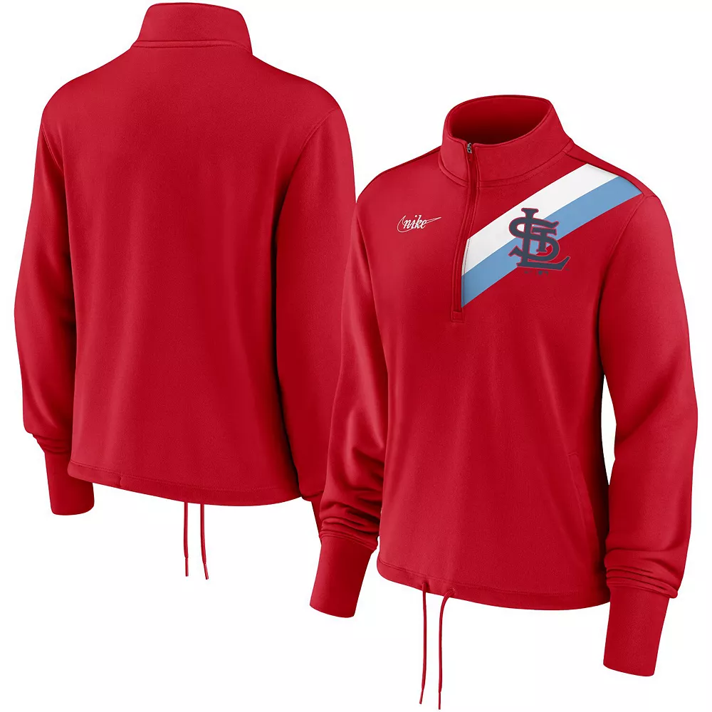 Women's Nike Red St. Louis Cardinals 1942-44 Cooperstown Collection Rewind Stripe Performance Half-Zip Pullover 1 Women's Nike Red St. Louis Cardinals 1942-44 Cooperstown Collection Rewind Stripe Performance Half-Zip Pullover