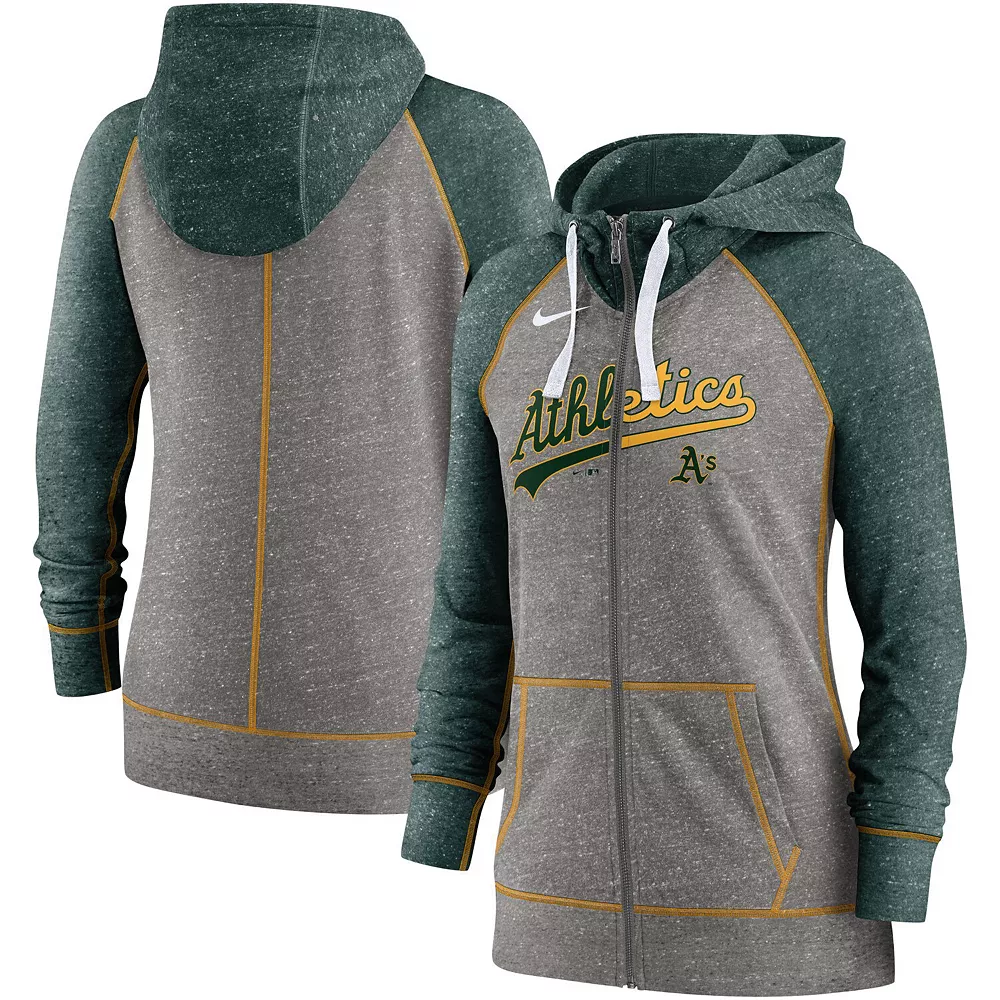 Women's Nike Heathered Charcoal/Heathered Green Oakland Athletics Split Wordmark Gym Vintage Raglan Full-Zip Hoodie 1 Women's Nike Heathered Charcoal/Heathered Green Oakland Athletics Split Wordmark Gym Vintage Raglan Full-Zip Hoodie