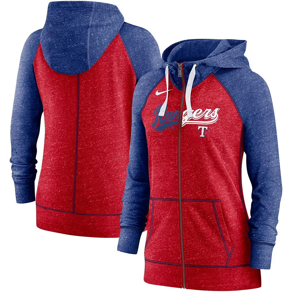 Women's Nike Heathered Red/Heathered Royal Texas Rangers Split Wordmark Gym Vintage Raglan Slub Full-Zip Hoodie 2 Women's Nike Heathered Red/Heathered Royal Texas Rangers Split Wordmark Gym Vintage Raglan Slub Full-Zip Hoodie - Image 2