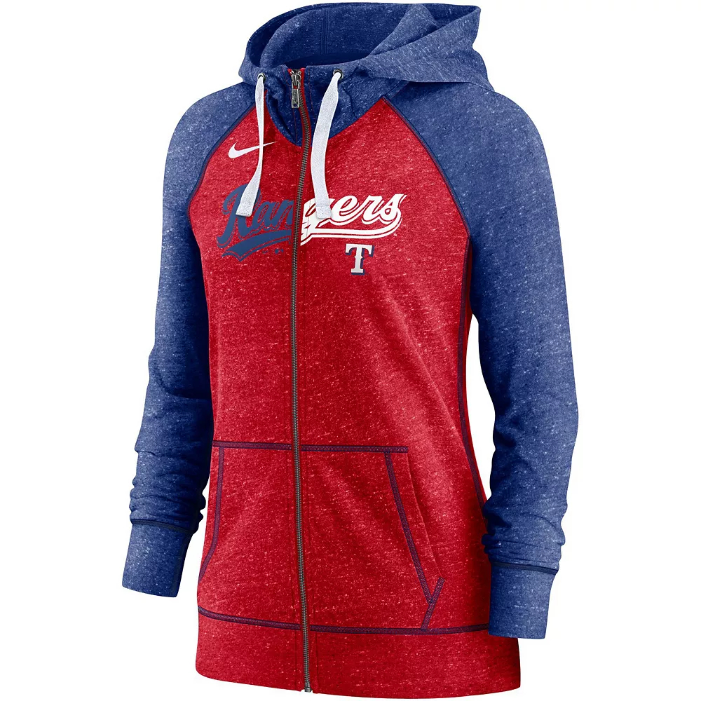 Women's Nike Heathered Red/Heathered Royal Texas Rangers Split Wordmark Gym Vintage Raglan Slub Full-Zip Hoodie 3 Women's Nike Heathered Red/Heathered Royal Texas Rangers Split Wordmark Gym Vintage Raglan Slub Full-Zip Hoodie - Image 3