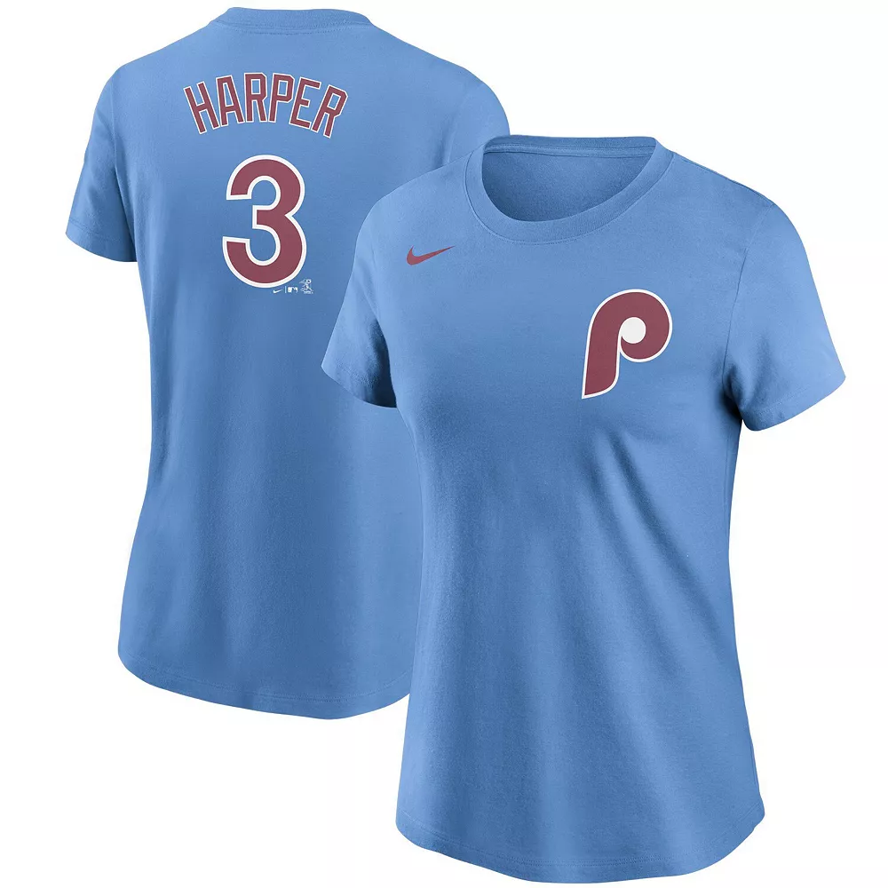 Women's Nike Bryce Harper Light Blue Philadelphia Phillies Name & Number T-Shirt 1 Women's Nike Bryce Harper Light Blue Philadelphia Phillies Name & Number T-Shirt