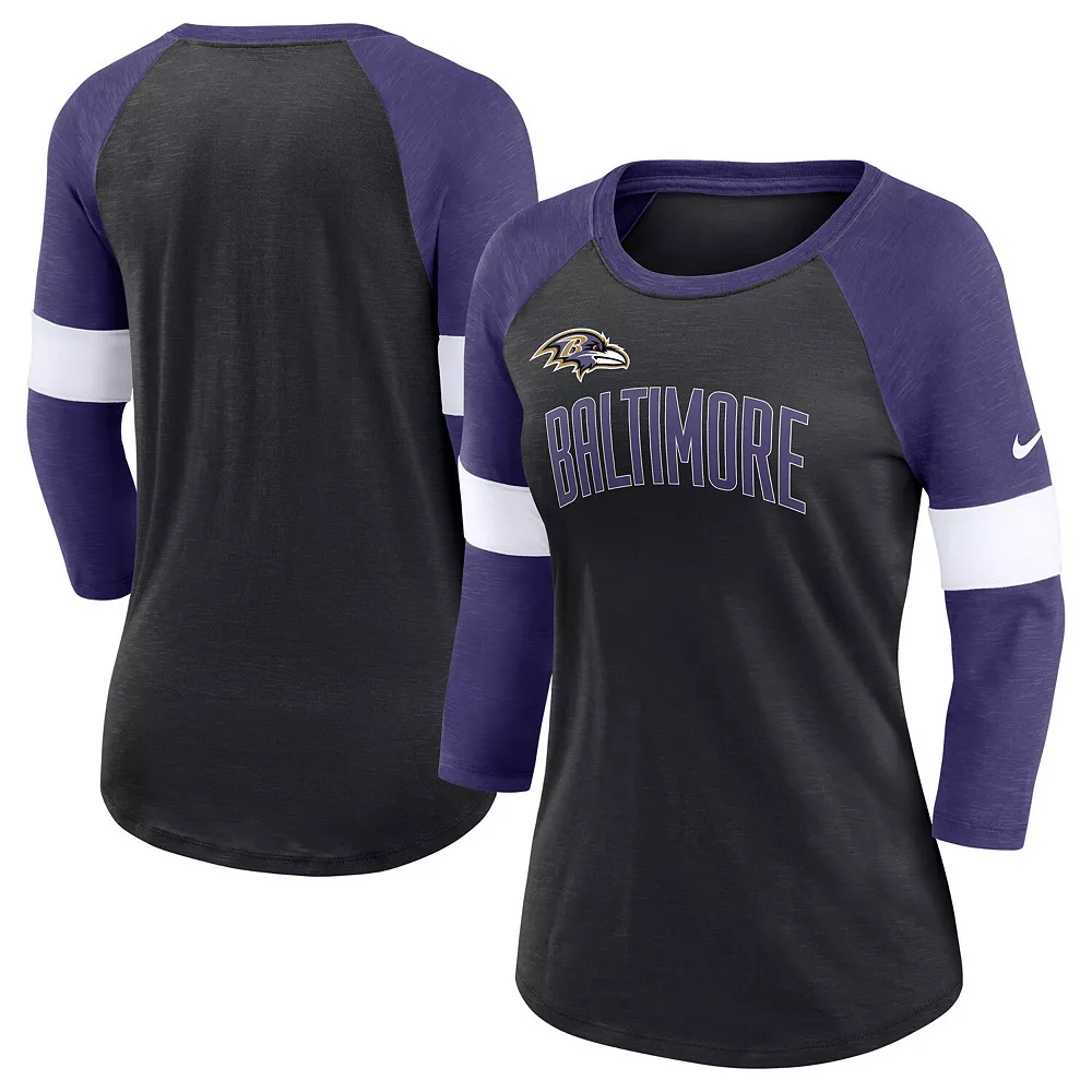 Women's Nike Baltimore Ravens Heathered Black/Heathered Purple Football Pride Slub 3/4 Raglan Sleeve T-Shirt 1 Women's Nike Baltimore Ravens Heathered Black/Heathered Purple Football Pride Slub 3/4 Raglan Sleeve T-Shirt
