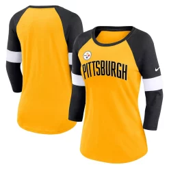 Women's Nike Pittsburgh Steelers Heathered Gold/Heathered Black Football Pride Slub 3/4 Raglan Sleeve T-Shirt
