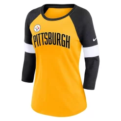 Women's Nike Pittsburgh Steelers Heathered Gold/Heathered Black Football Pride Slub 3/4 Raglan Sleeve T-Shirt -Nike Clothing store 6025518 ALT2