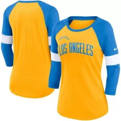 Women's Nike Los Angeles Chargers Heathered Gold/Heathered Powder Blue Football Pride Slub 3/4 Raglan Sleeve T-Shirt