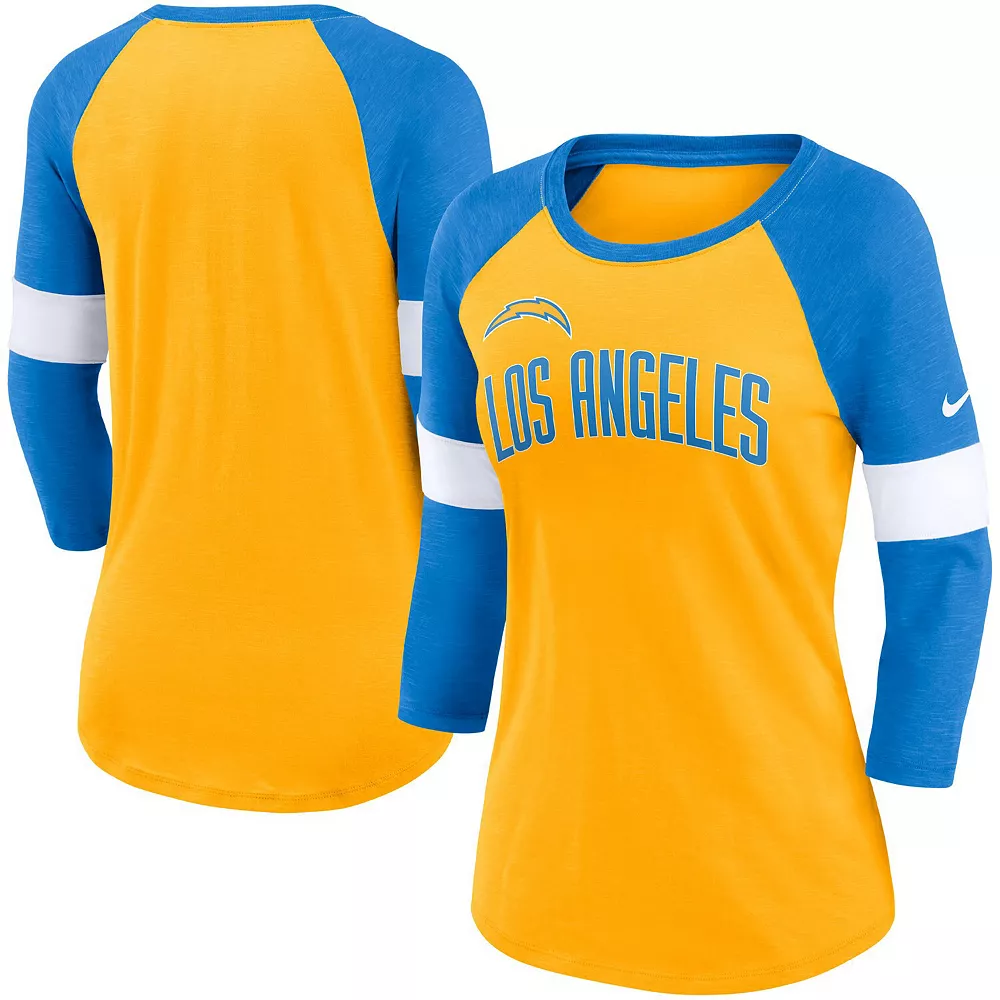 Women's Nike Los Angeles Chargers Heathered Gold/Heathered Powder Blue Football Pride Slub 3/4 Raglan Sleeve T-Shirt 2 Women's Nike Los Angeles Chargers Heathered Gold/Heathered Powder Blue Football Pride Slub 3/4 Raglan Sleeve T-Shirt - Image 2