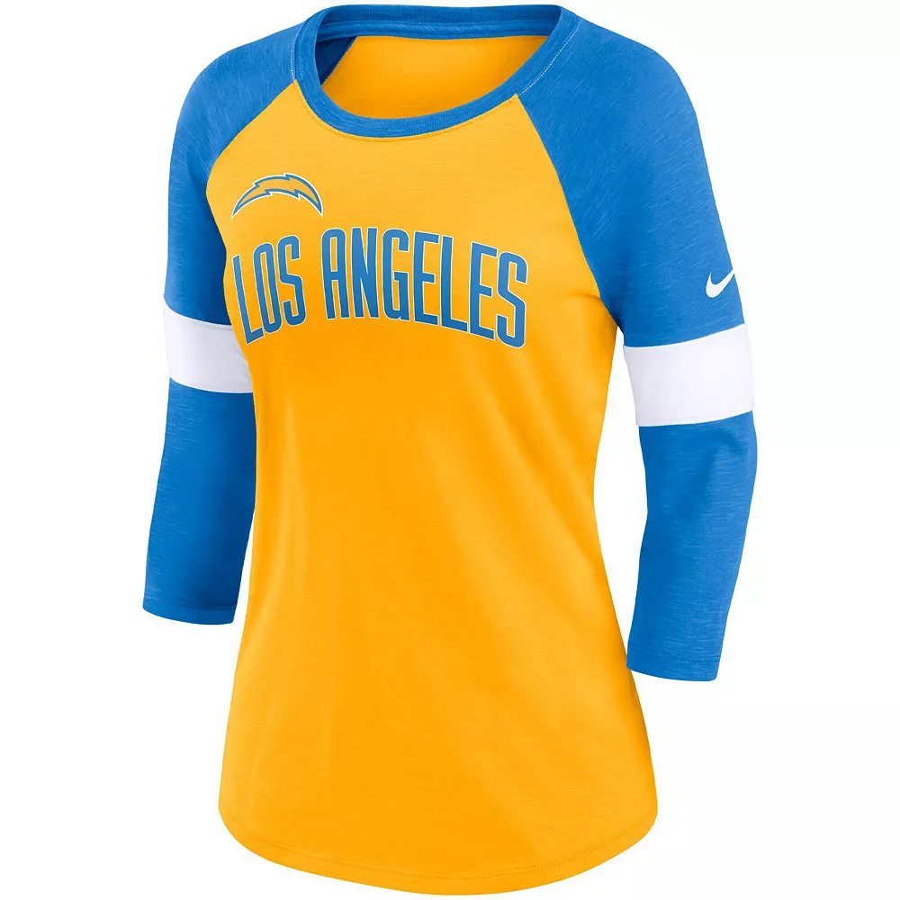 Women's Nike Los Angeles Chargers Heathered Gold/Heathered Powder Blue Football Pride Slub 3/4 Raglan Sleeve T-Shirt 3 Women's Nike Los Angeles Chargers Heathered Gold/Heathered Powder Blue Football Pride Slub 3/4 Raglan Sleeve T-Shirt - Image 3