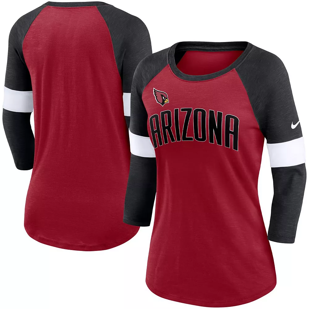 Women's Nike Arizona Cardinals Cardinal/Heather Black Football Pride Raglan 3/4-Sleeve T-Shirt 1 Women's Nike Arizona Cardinals Cardinal/Heather Black Football Pride Raglan 3/4-Sleeve T-Shirt