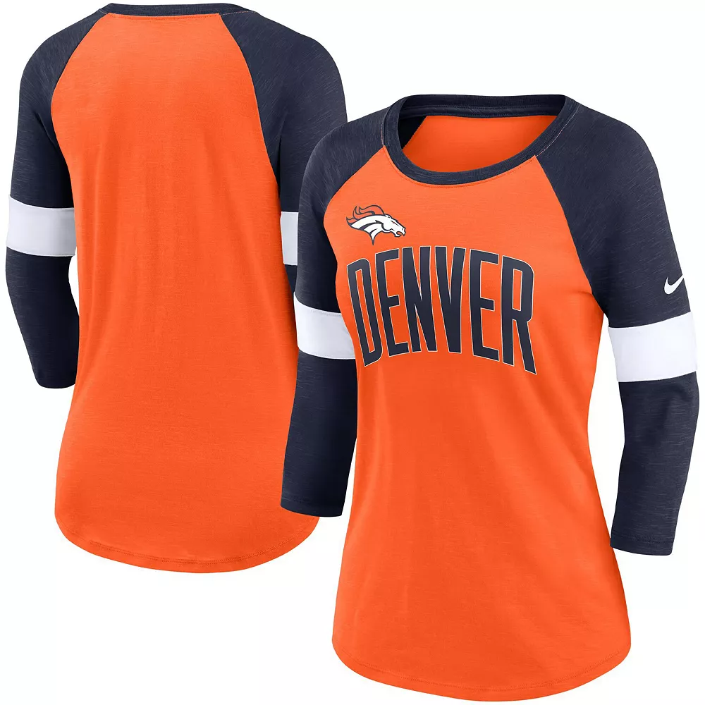 Women's Nike Denver Broncos Heathered Orange/Heathered Navy Football Pride Slub 3/4 Raglan Sleeve T-Shirt 1 Women's Nike Denver Broncos Heathered Orange/Heathered Navy Football Pride Slub 3/4 Raglan Sleeve T-Shirt